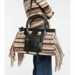 Chloé Edith Large Fringe-trimmed Striped Cashmere And Leather Tote