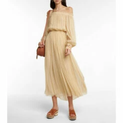 Chloé Off-shoulder Pleated Silk Midi Dress