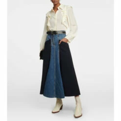 Chloé Denim And Wool Gabardine Midi Skirt